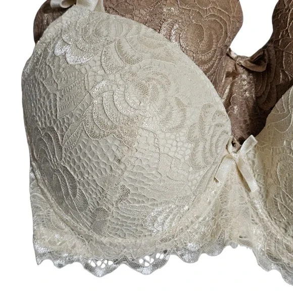 NEW‎ Set of 2 Rene Rofe Lace Lightly Padded Bra Wired 34DD Ivory & Beige - Picture 2 of 8